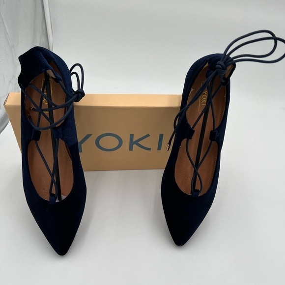 New In Box Yoki Women's Navy Blue Velvet Ballerina Ankle Lace Up Flats - Picture 3 of 10